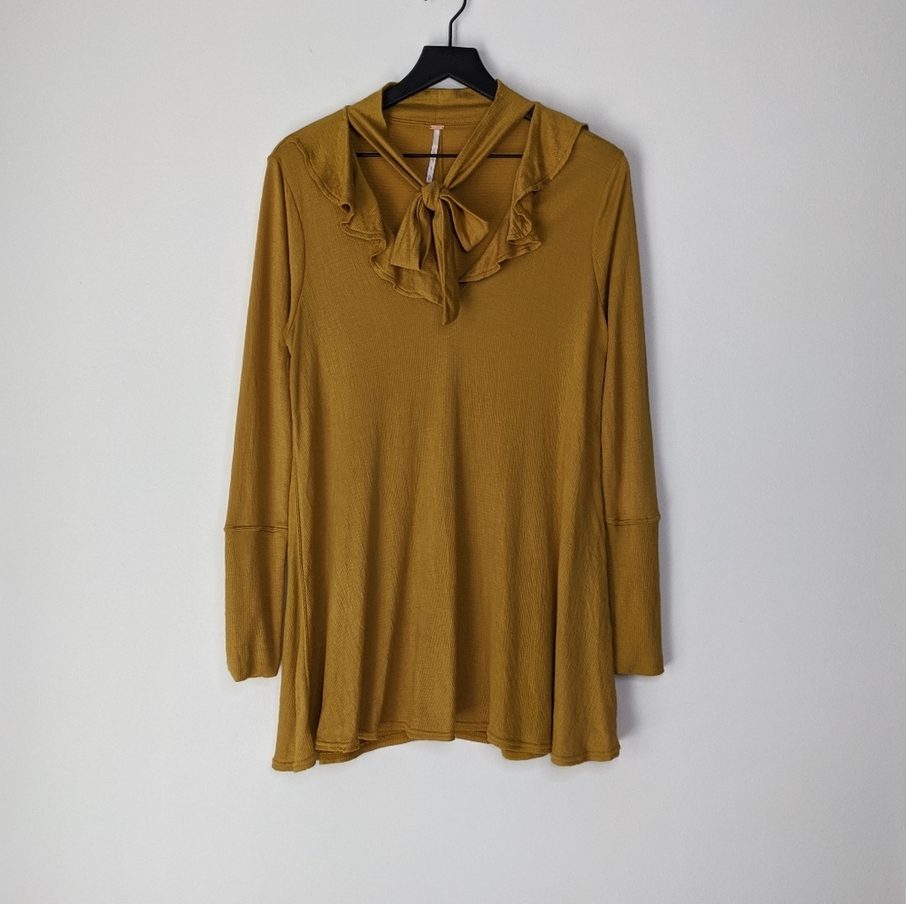 Free People Ribbed Mustard Yellow Tie V-Neck Dress